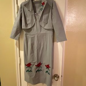 Tatyana grey and floral embroidered dress with vest size X-Large; Large vest EUC